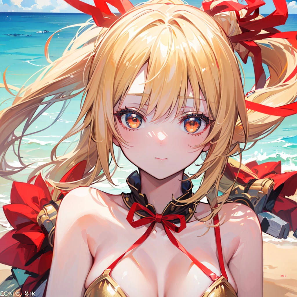 (((Best quality, 8k, Masterpiece: 1.3)), ((best quality)), ((masterpiece)), (detailed), Girl,Blonde,ponytail,Red ribbon,Golden Eyes,Orange Bikini,Ocean,sun,Bring your face closer to the screen,Zoom in