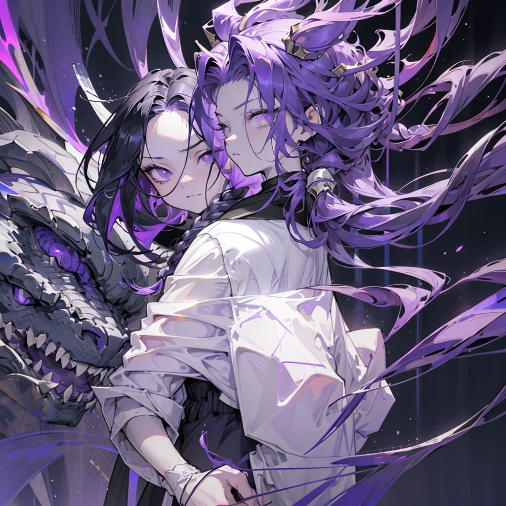 boy. open forehead. Long dark purple hair braided on the left side. Black horns with white ribbon. pale violet eyes. Long white t-shirt. Dark purple shorts. Dark purple knee socks. Robe with a white hood with an ornament of gold rings. Concrete walls black limit purple light water on the floor