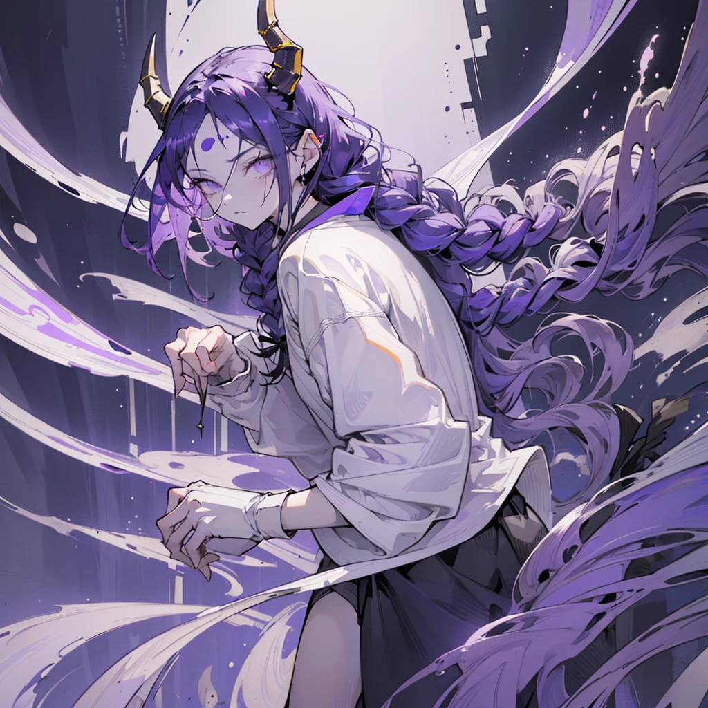 boy. open forehead. Long dark purple hair braided on the left side. Black horns with white ribbon. pale violet eyes. Long white t-shirt. Dark purple shorts. Dark purple knee socks. Robe with a white hood with an ornament of gold rings. Concrete walls black limit purple light water on the floor