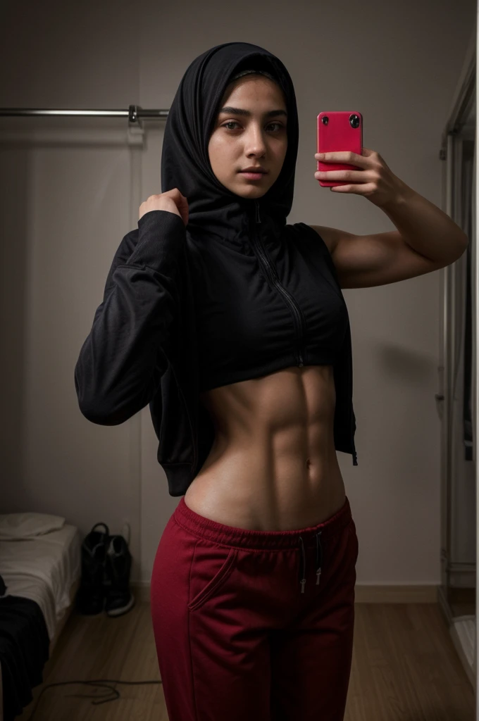 15 years old turkish hijab girl, turkish girl, hijab, beautiful girl, ((((abs)))), sweatpants, opened black sportive jacket, in the modern fitting room, ((selfie)), slim body, sexy ass, arm muscles, very muscular arms, short girl, ((arrogant girl)), nipples, from side, elegant red lace bra