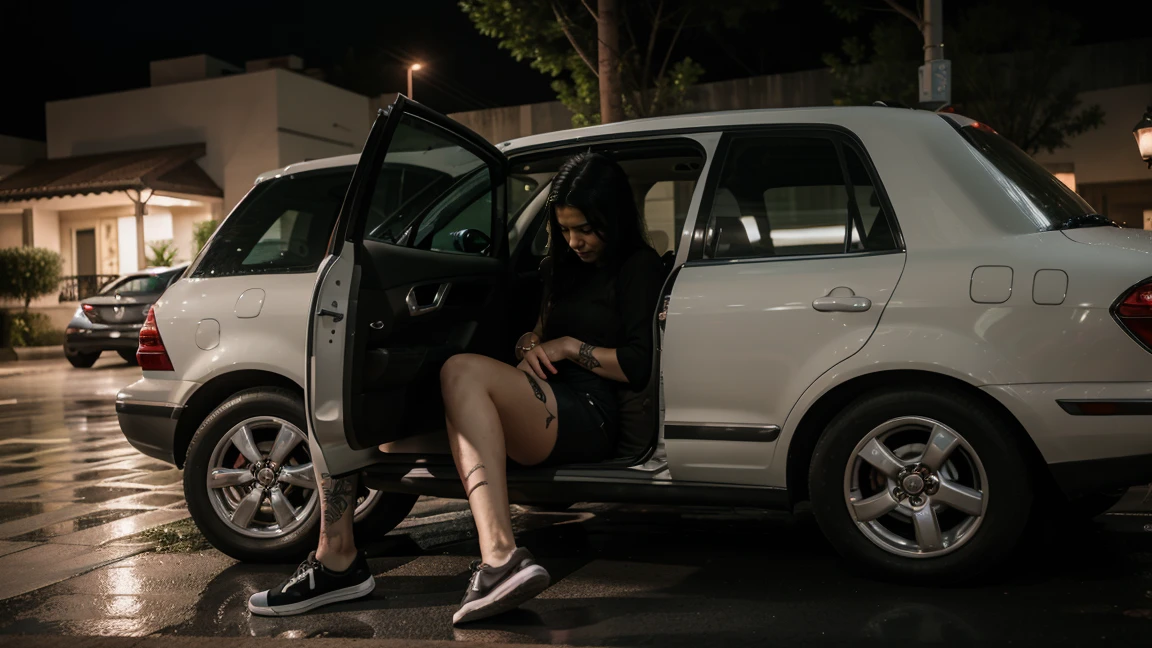 full body shot, entire body in frame, punk rock style girl with closed eyes sleeping wearing shorts is sleeping inside a car theres a windown next to her with raindrops, night light cinematic, SHE IS INSIDE THE CAR SLEEPING