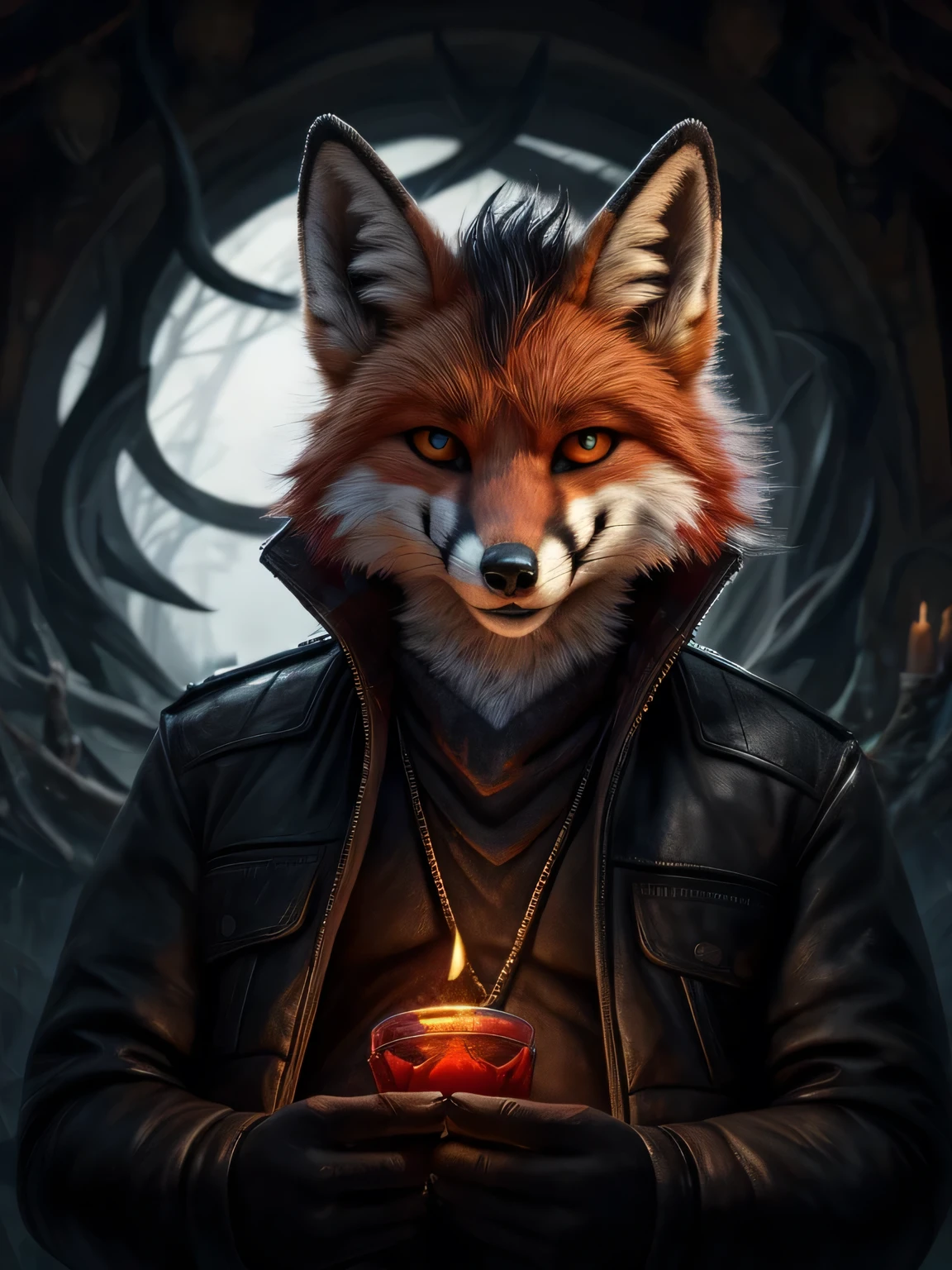 Fox Demon,Down Jackets,Foxfire Curse,Familiar fox,Dreamy atmosphere,The most beautiful form of chaos,Best angle,masterpiece,Perfect lighting,Charming smile,