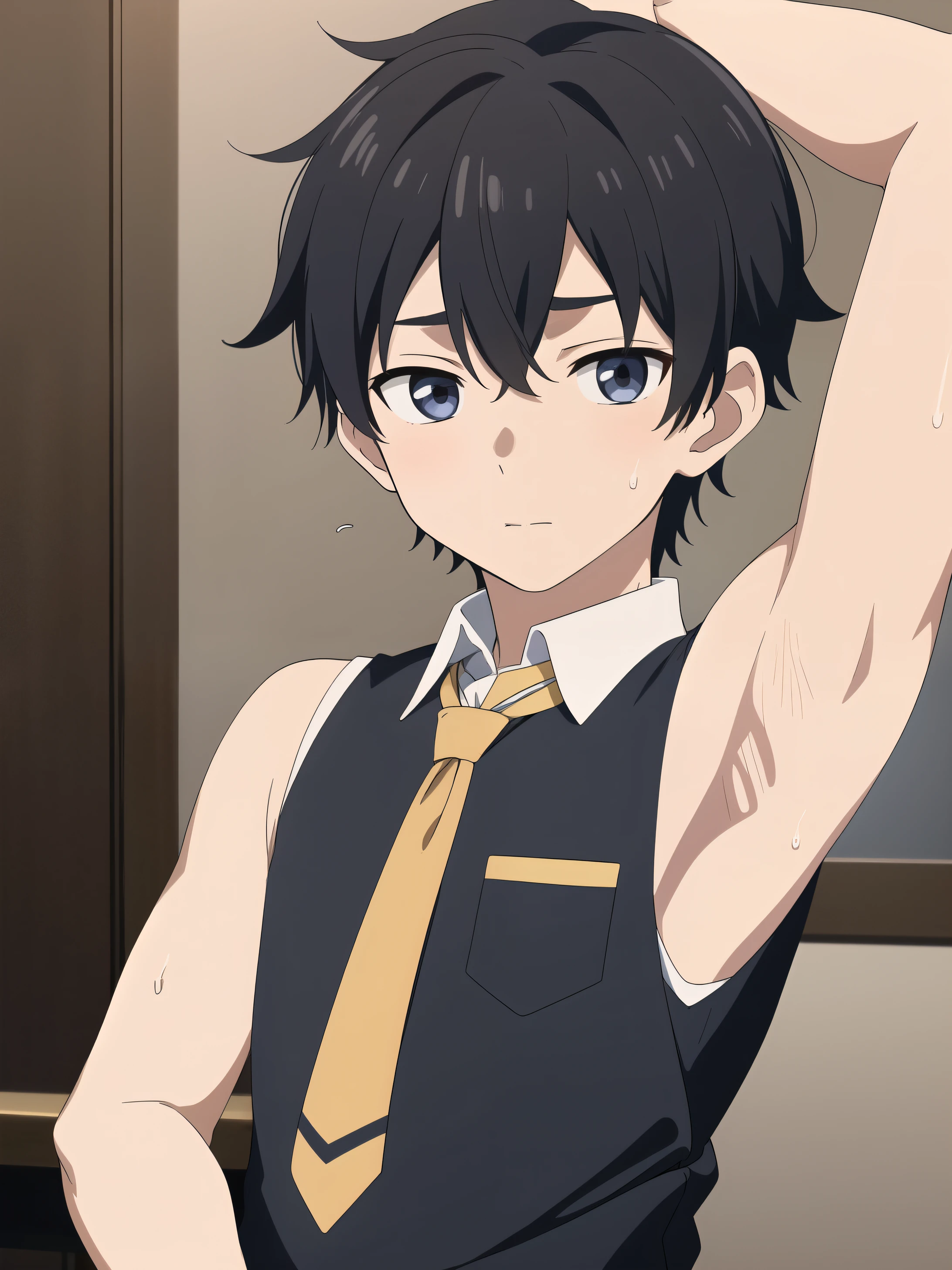 Highres, Masterpiece, Best quality at best,Best Quality,hight quality, hight detailed, Anime style, 1boy, Shota, bangs, Tie, Sleeveless vest, cafe, Seen from the front, look at viewer, (very young boy), (very small and short body), 12-year-old boys, Such a cute smooth armpit, The boy is very tempting, Cute armpit, sexy armpit, beautiful armpits, seductive armpits, a Boy cutely shows his armpit, hansome boy, Sweat, Uhd, 4k wallpaper
