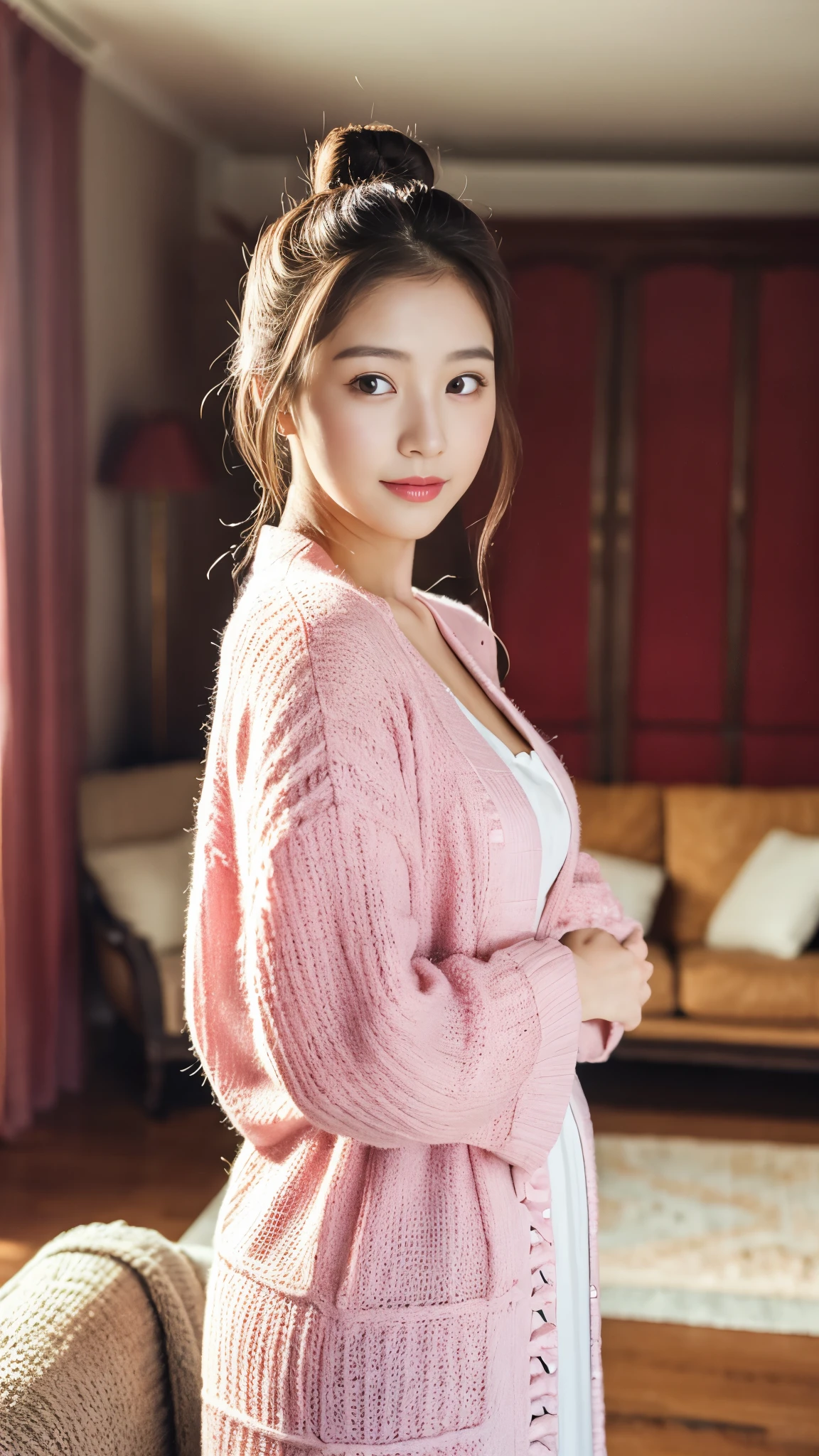 a young Korean housewife in a soft pink knitted cardigan, white maxi dress, large hair bun, standing in living room, facing to viewer, facing front, feminine pose, serene expression, cute face, detailed face, detailed clothing, detailed background, natural lighting, warm colors, beautiful scenery, intricate details, highly detailed, photorealistic, 8k, ((masterpiece)), cinematic style, portrait