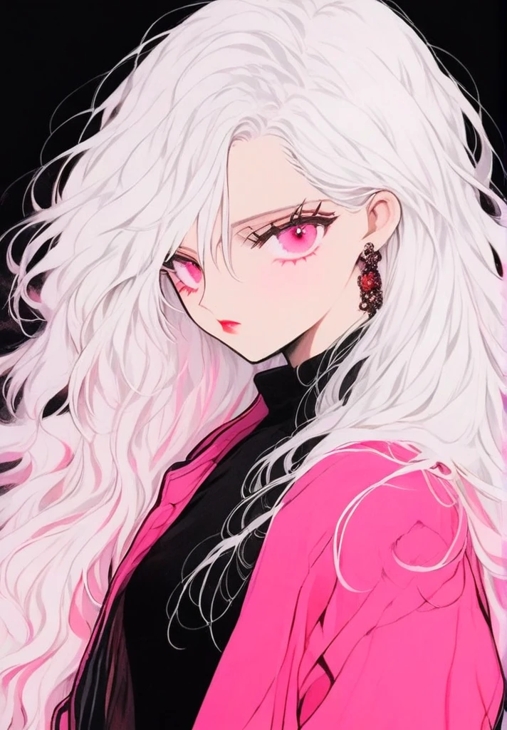 young woman, upper body, Long white hair, pink streak, pink eyes, dark makeup, black top, pink jacket, simple background
