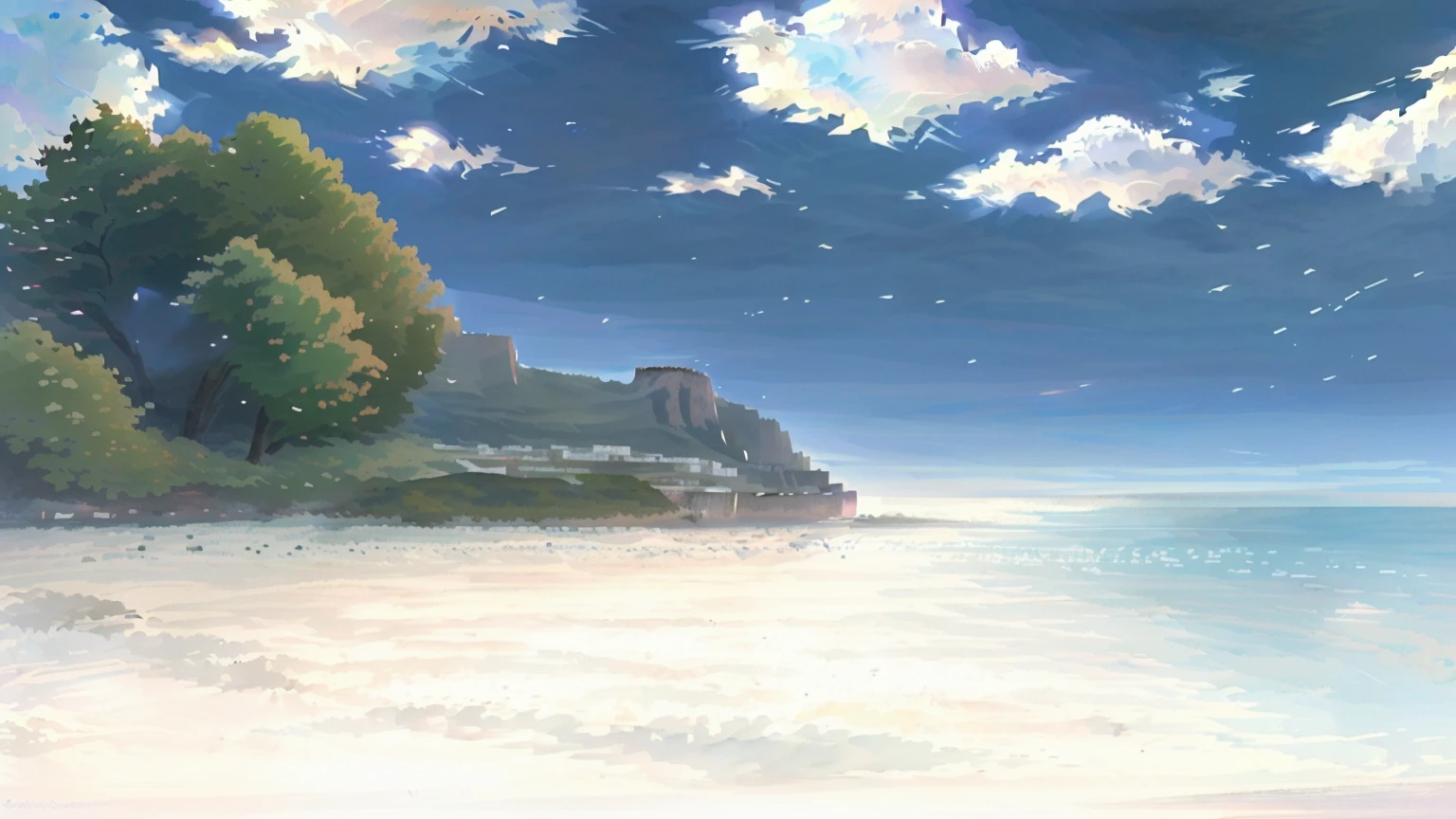 There is a cartoon drawing of a beach with mountains in the background, Anime Scenery, Anime Background, Anime scenery, Anime Background art, beautiful Anime Scenery, Detailed Landscape — Width 672, Anime scenery wallpaper, Anime Scene, Anime Scenery concept art, Painted in an anime artist&#39;s studio, Anime countryside landscape, Anime movie background, Beautiful peaceful scene in anime