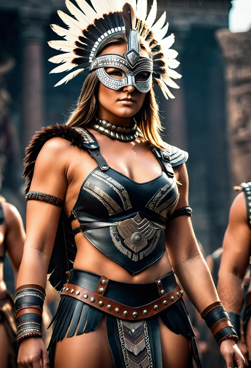 close up, photorealistic, (masterpiece:1.3), (best quality:1.3), beautiful, (intricate details), unity 8k wallpaper, ultra detailed, beautiful, aesthetic, perfect lighting, crowd around WestGark, very strong woman, (muscular:1.2), wearing leather plastron armor, wearing animal mask with feathers, wearing toga, hunting, (aztec temple background:1.0), (perfect hands:1.2),,