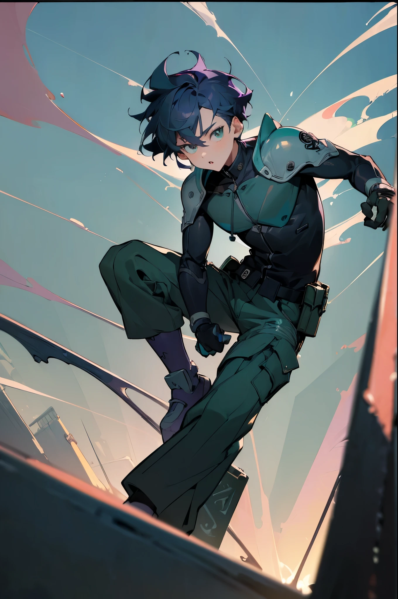(masterpiece:1.4), 1boy, Streetwear,cargo pants, street, (masterpiece, best quality, highres, ultra detailed ), night, depth of field, absurdres, (masterpiece:1.4), ultra-detailed, 1boy, stand up, black and teal, short purple wildly hair with teal streaks