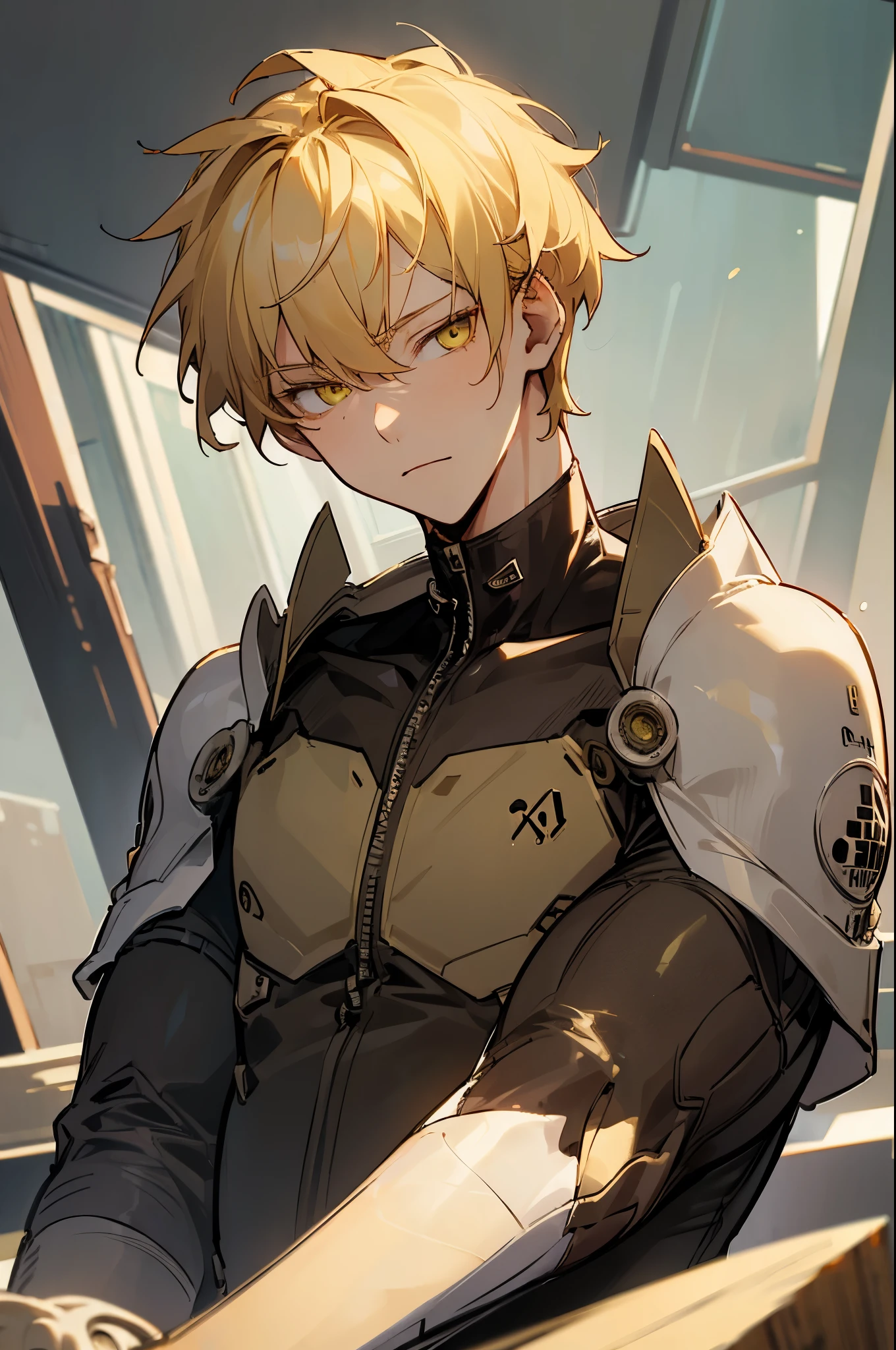 (best quality:1.1), (masterpiece:1.4), sketch, 1boy, solo, male focus, looking at viewer, upper body, , , , yuuma_nikaidou, blonde hair, yellow eyes, short hair, , science fiction soft science fiction,