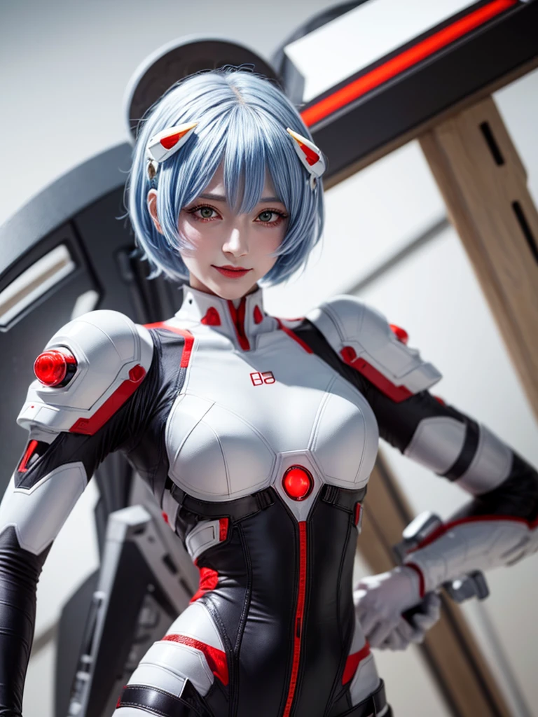 Masterpiece, highest quality, 8K, detailed skin texture, fine cloth texture, beautiful detailed face, intricate details, super detailed, portrait of Rei Ayanami, blue hair, red eyes, looking far away, no background, Evangelion Wearing a plug suit when riding, plug suit, whole body visible, standing, arms crossed, , beautiful, cute, great style, smiling,composition that shows the whole body,