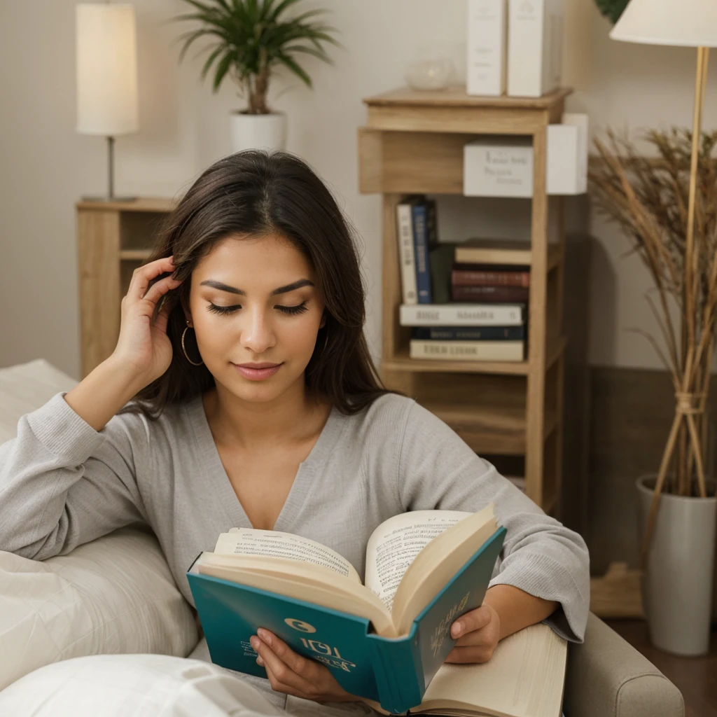 Latina au long cheveux qui lit un livre dans une piece de lecture
