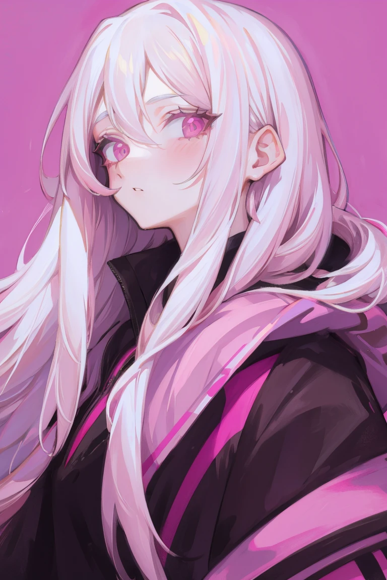 young woman, upper body, Long white hair, pink streak, pink eyes, dark makeup, black top, pink jacket, simple background
