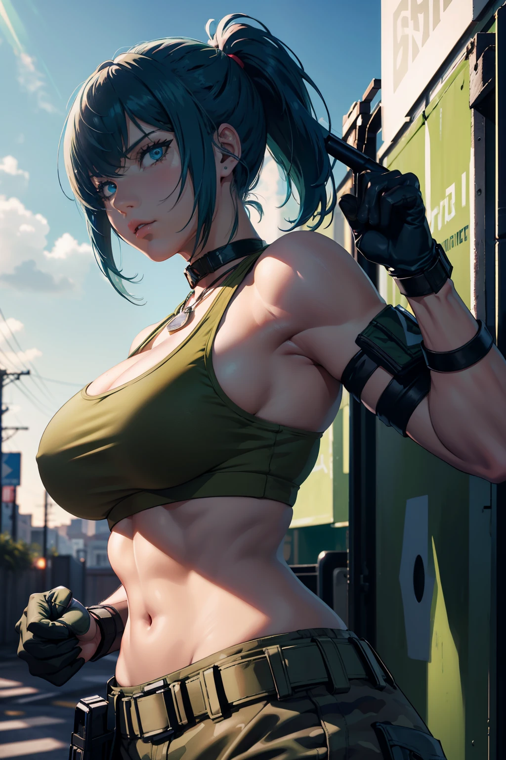 tmasterpiece, Best quality at best, A high resolution, 1girl, leona heidern, Blue hair, Blue eyes, pony tails, green shorts, cleavage，hason, crop top, Black gloves, large_breasts, army suit, Green jacket,  jewelry, nabel, huge tit, cow boy shot