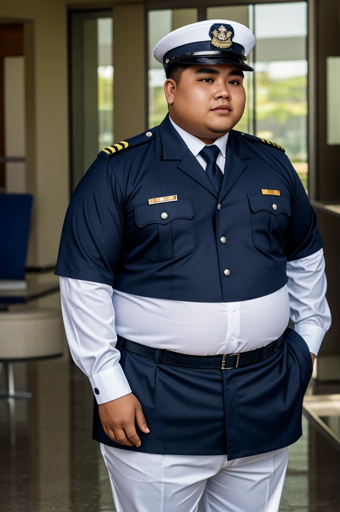 a Filipino Obese
Security guard with Big Belly wearing a security guard hat had tan skin Wearing long sleeve shirt with navy tie and navy blue pants
