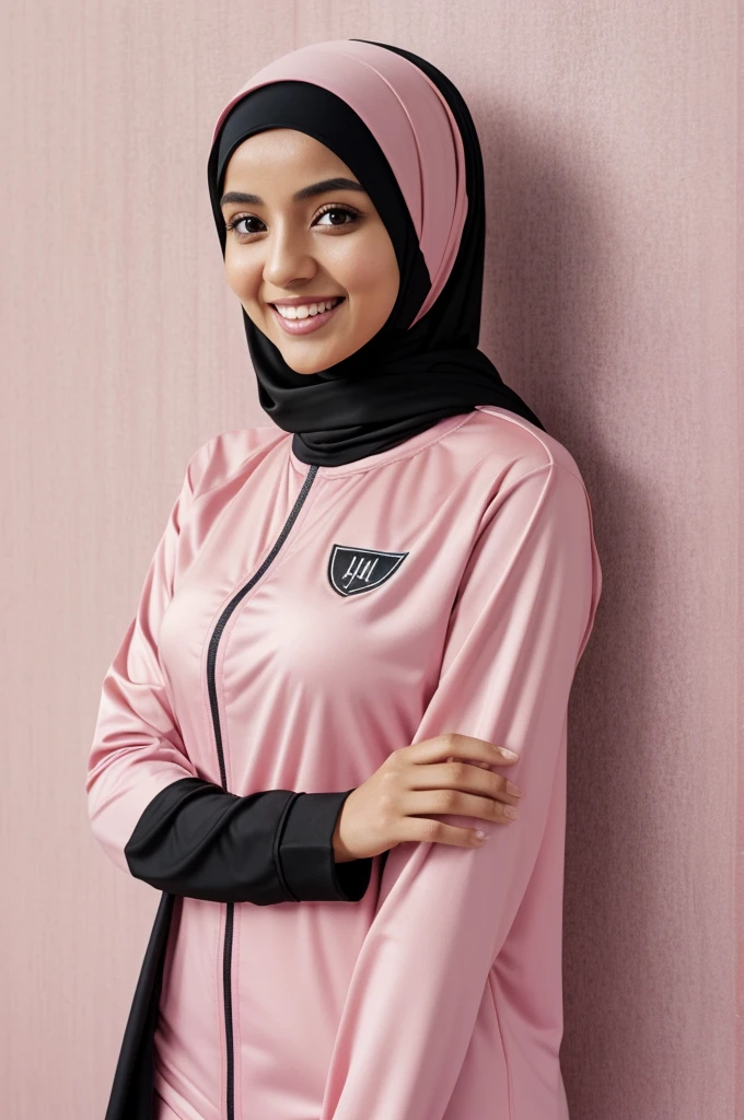 Long hijab girl smile , soft pink wallpaper, in shirt work, wear black track suit, chiness look, look front also her body
