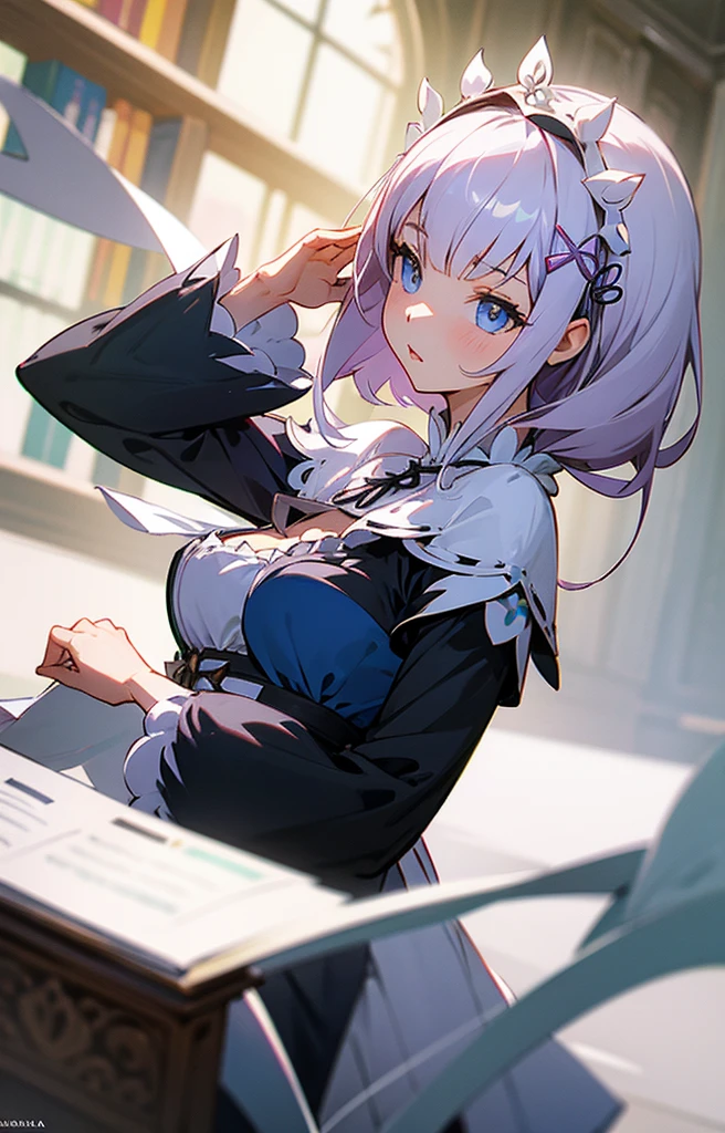 emilia de re:zero, sentada, biblioteca, cabelo branco longo, ornamento de cabelo, olhos roxos