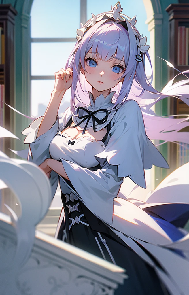 emilia de re:zero, sentada, biblioteca, cabelo branco longo, ornamento de cabelo, olhos roxos