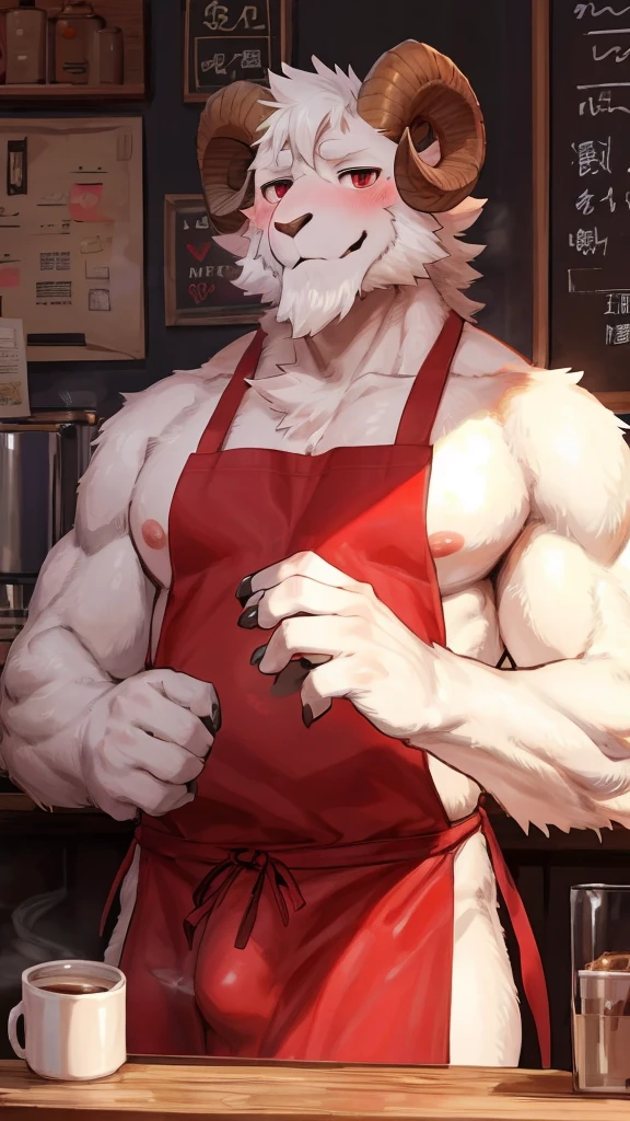 (Best quality: 1.0), (Super High Resolution: 1.0), (masterpiece, best quality:1.2), detailed, detailed hands, detailed eyes, score_9, score_8_up, score_7_up, furry, anthro, ((ram)), ((solo)), grandpa, (about 70 years old), (manly), curved horns, handsome face, huge, bangs, white beard, beard above mouth, fluffly fur, nipples, looking pleasured, sexually, sexy pose, SFW, coffee shop, (apron), nude, bulge, flaccid, in heat, panting, sweat, sweaty, musk, (skinny, shy), hands touching, (looking at viewer, shy), blushes:0.3, close up view, (by bebebebebe, by syuro)