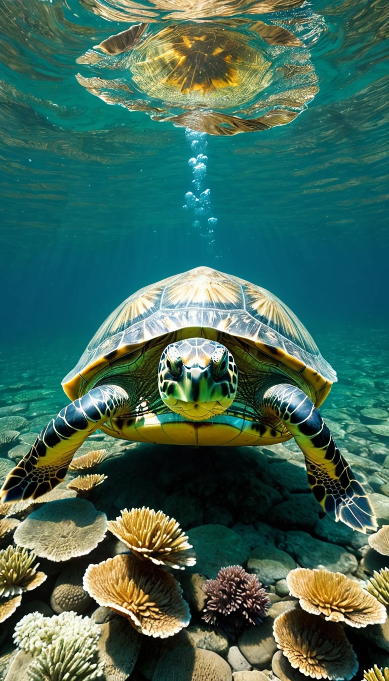 There are many magical turtles living at the bottom of the river,Its shape is no different from that of a turtle.,But it was a bird's eye view but a snake's tail,Mysterious Creatures, shrike, (best quality,4k,8k,High level,masterpiece:1.2),Ultra Detailed,(lifelike,Photo real,Photo real:1.37),Highly detailed animals,Complex patterns,Dramatic lighting,Fantasy Creatures