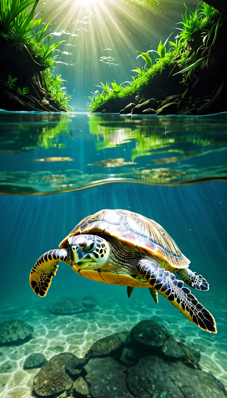 There are many magical turtles living at the bottom of the river,Its shape is no different from that of a turtle.,But it was a bird's eye view but a snake's tail,Mysterious Creatures, shrike, (best quality,4k,8k,High level,masterpiece:1.2),Ultra Detailed,(lifelike,Photo real,Photo real:1.37),Highly detailed animals,Complex patterns,Dramatic lighting,Fantasy Creatures
