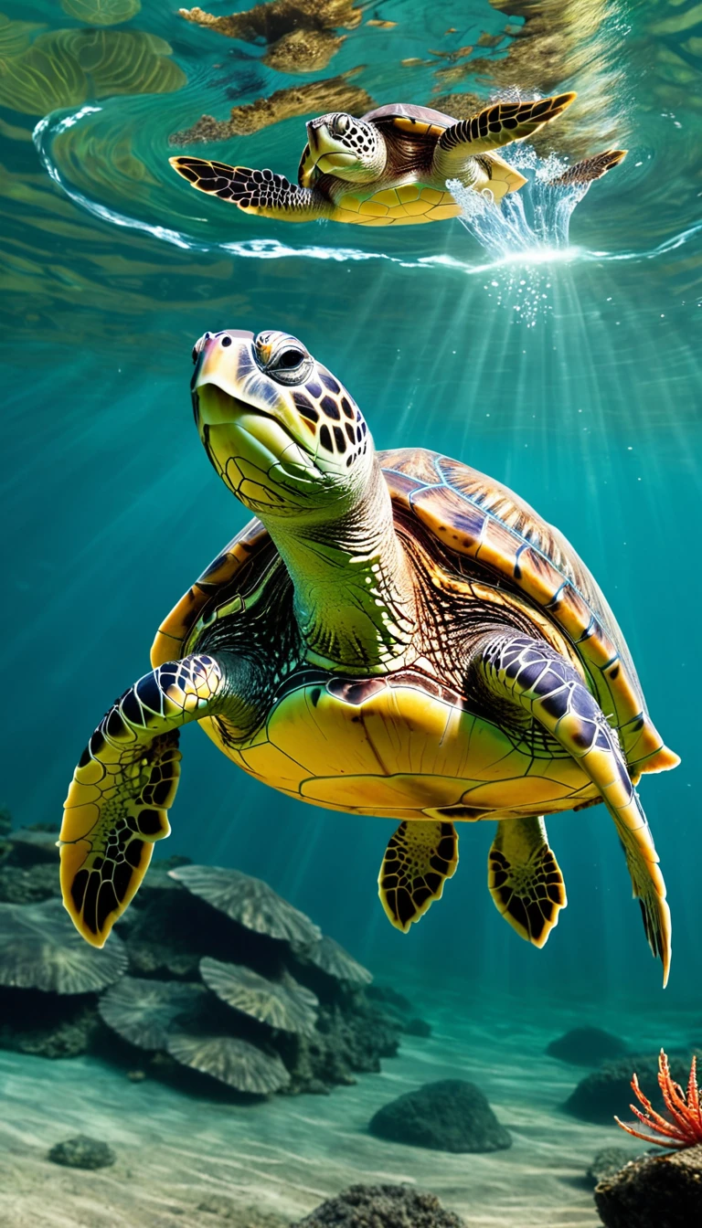 There are many magical turtles living at the bottom of the river,Its shape is no different from that of a turtle.,But it was a bird's eye view but a snake's tail,Mysterious Creatures, shrike, (best quality,4k,8k,High level,masterpiece:1.2),Ultra Detailed,(lifelike,Photo real,Photo real:1.37),Highly detailed animals,Complex patterns,Dramatic lighting,Fantasy Creatures