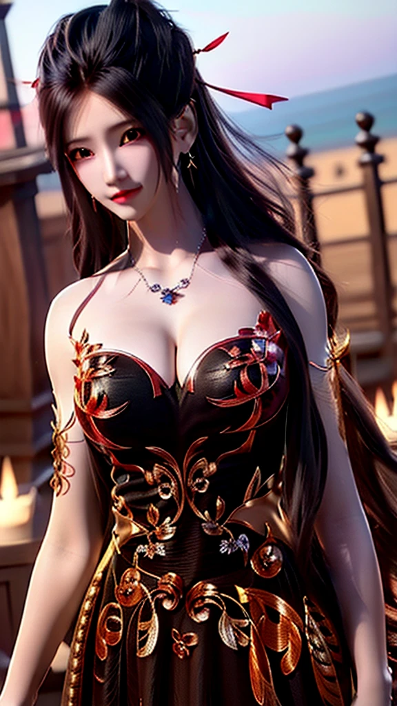 (extremely detailed CG unity 8k wallpaper), the most beautiful artwork in the world, 1girl, breasts, solo, jewelry, earrings, long_hair, cleavage, red_hair, hair_over_one_eye, brown_eyes, looking_at_viewer, tattoo, large_breasts, upper_body, arm_tattoo, kpop idol, jisoo