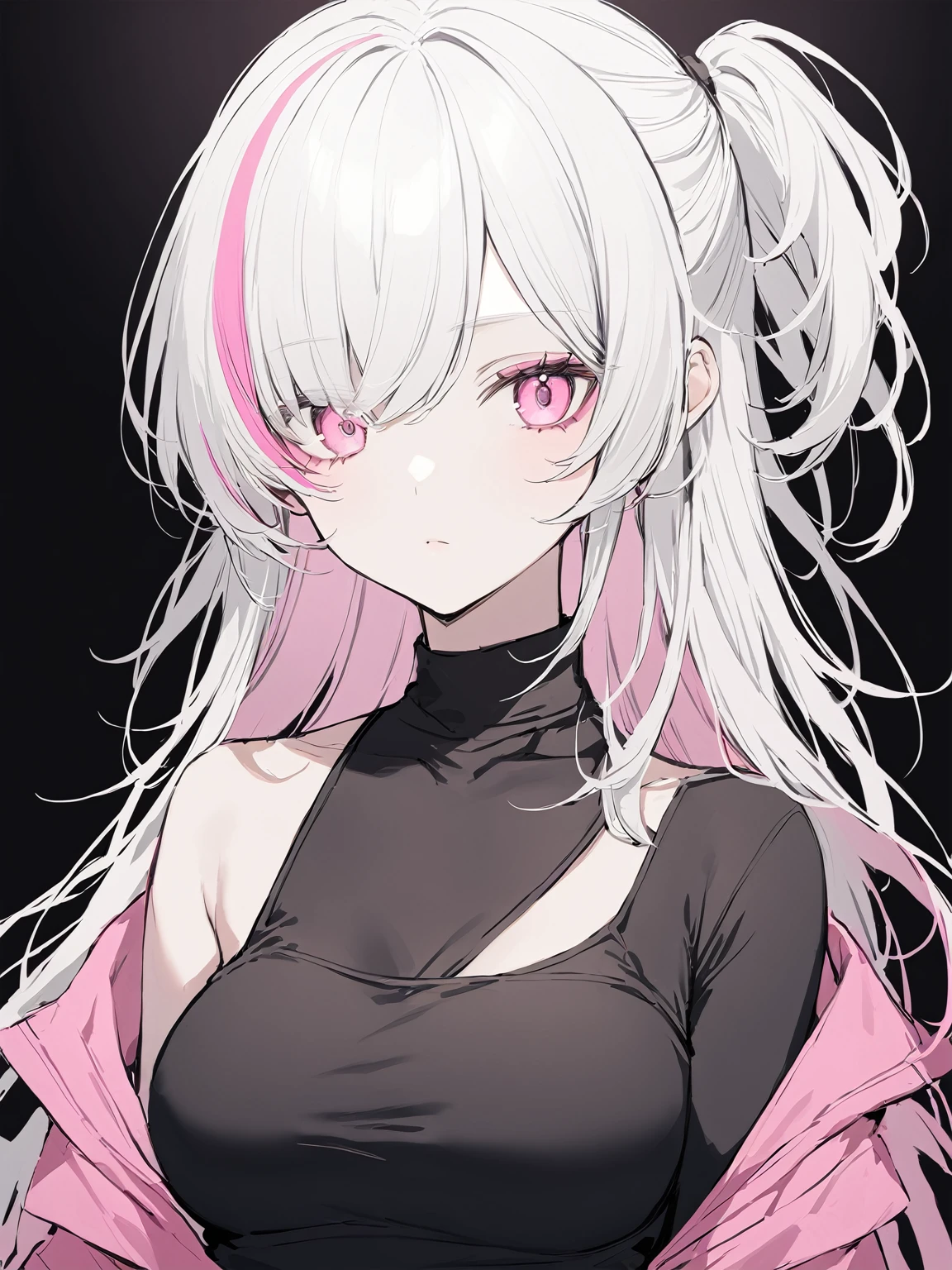 young woman, upper body, Long white hair, pink streak, pink eyes, dark makeup, black top, pink jacket, simple background