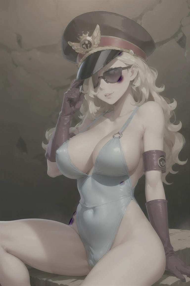 (masterpiece, best quality),domino,hat,peaked cap,uniform,gloves,sunglasses,sitting,naked, big breasts, blonde hair, prison, cell,