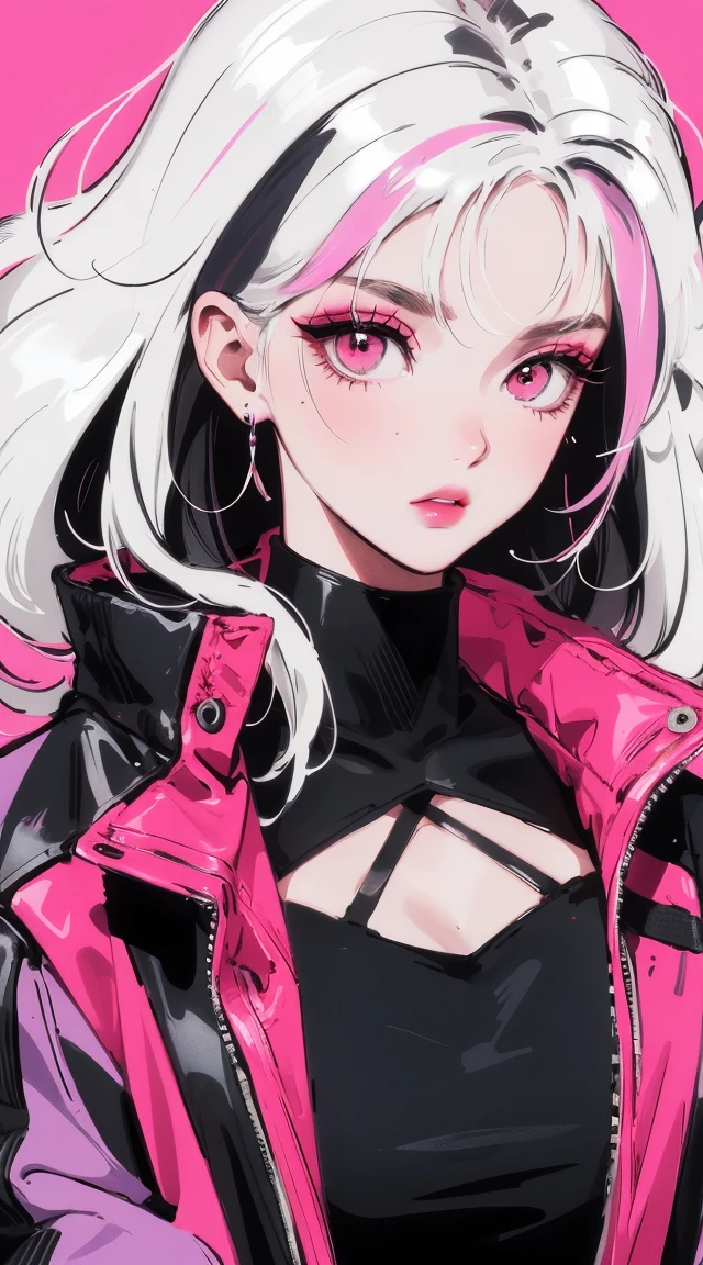 young woman, upper body, Long white hair, pink streak, pink eyes, dark makeup, black top, pink jacket, simple background