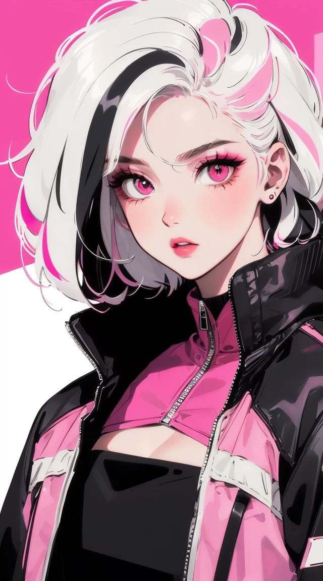 young woman, upper body, Long white hair, pink streak, pink eyes, dark makeup, black top, pink jacket, simple background
