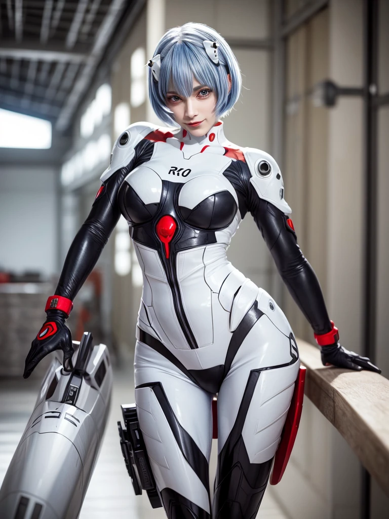 Masterpiece, highest quality, 8K, detailed skin texture, fine cloth texture, beautiful detailed face, intricate details, super detailed, portrait of Rei Ayanami, blue hair, red eyes, looking far away, no background, Evangelion Wearing a plug suit when riding, plug suit, whole body visible, standing, arms crossed, 15 years old, beautiful, cute, great style, smiling,composition that shows the whole body,