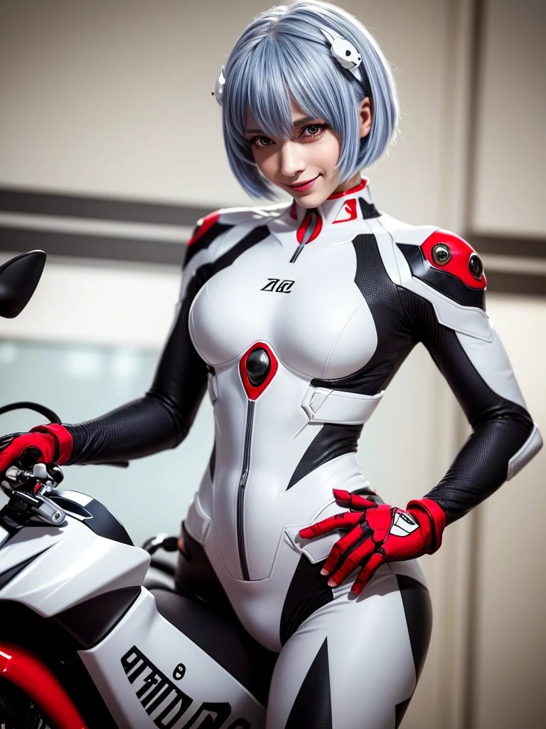 Masterpiece, highest quality, 8K, detailed skin texture, fine cloth texture, beautiful detailed face, intricate details, super detailed, portrait of Rei Ayanami, blue hair, red eyes, looking far away, no background, Evangelion Wearing a plug suit when riding, plug suit, whole body visible, standing, arms crossed, 15 years old, beautiful, cute, great style, smiling,composition that shows the whole body,