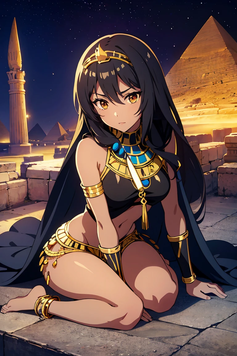 Anime girl, egyptian princesse, black short hair,tribal outfit, gold accessories, dark skin, whole body, without shoes, near pyramids