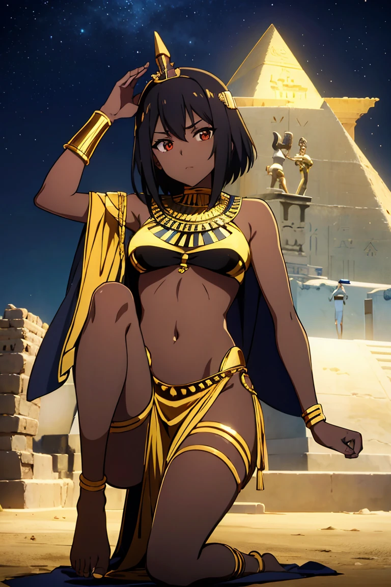 Anime girl, egyptian princesse, black short hair,tribal outfit, gold accessories, dark skin, whole body, without shoes, near pyramids 