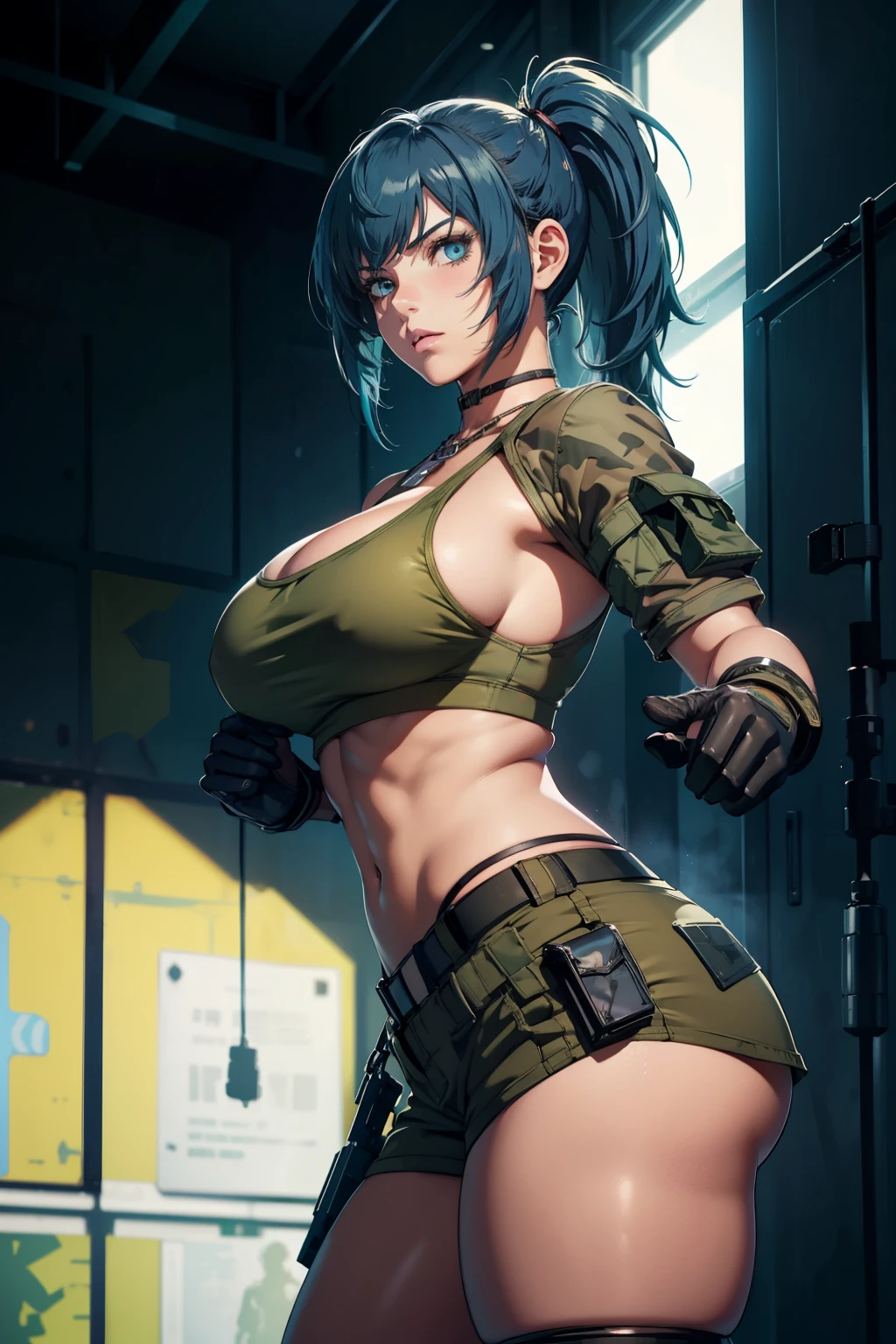 tmasterpiece, Best quality at best, A high resolution, 1girl, leona heidern, Blue hair, Blue eyes, pony tails, green shorts, cleavage，hason, crop top, Black gloves, large_breasts, army suit, Green jacket,  jewelry, nabel, huge tit, cow boy shot