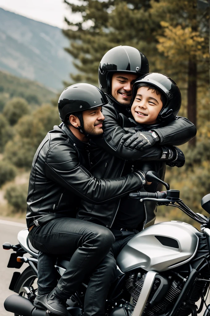 motorcyclist with black suit and black motorcycle hugging his son and his wife still on the side