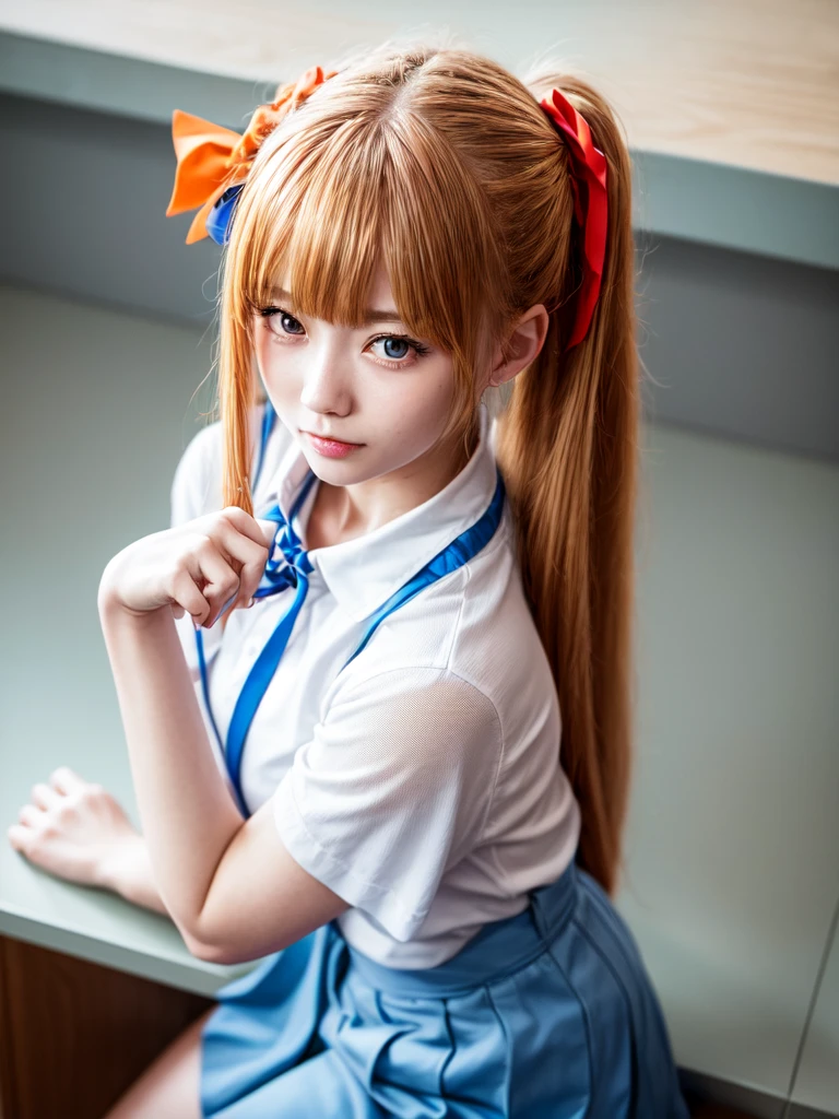 （8k, Highest quality, Pieces fly:1.2)、Ultra-high resolution、anime,1 very pretty girl,Asuka Langley,Highly detailed face, Fine grain,blue eyes,,White sailor collar plain short sleeve shirt,Light blue skirt,Light Blue Suspenders,uniform_Red ribbon,Orange Hair,Long Hair、Detailed hand and fingers,put your hands in your hair,Grin、sitting on desk,Shooting from above,classroom