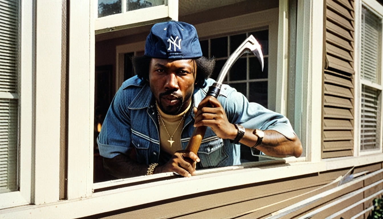 1970s photo of "MC Eiht" wearing 1970s attire, peeking thru the window of a home from the outside, he is holding a crowbar,