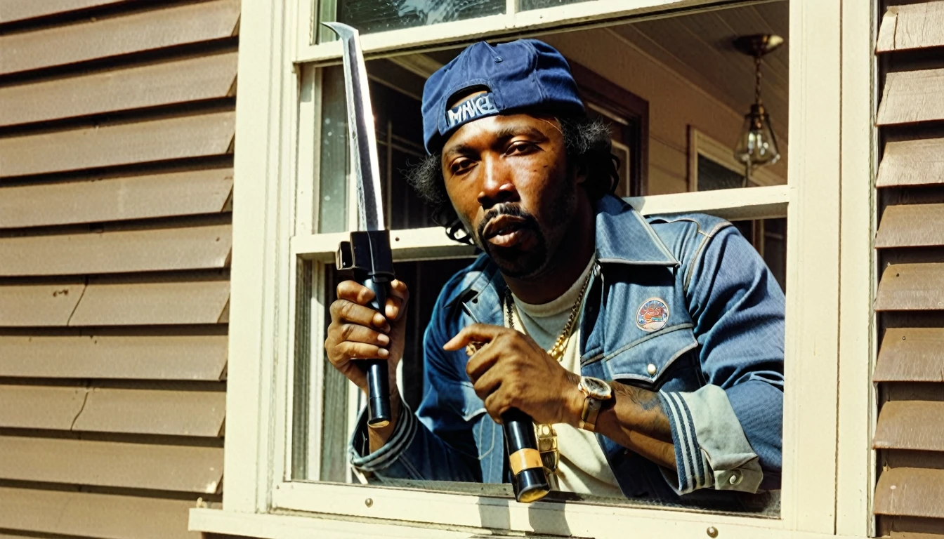 1970s photo of "MC Eiht" wearing 1970s attire, peeking thru the window of a home from the outside, he is holding a crowbar, 