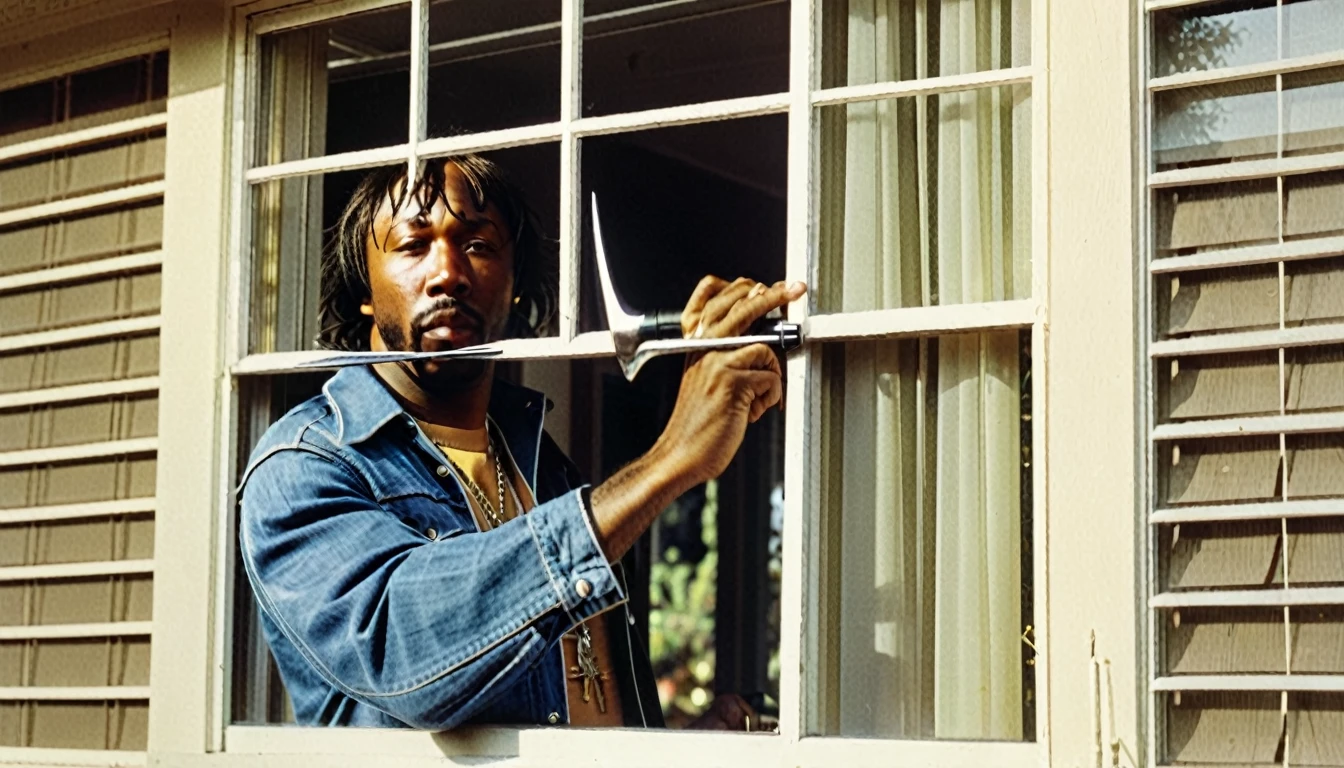 1970s photo of "MC Eiht" wearing 1970s attire, peeking thru the window of a home from the outside, he is holding a crowbar,
