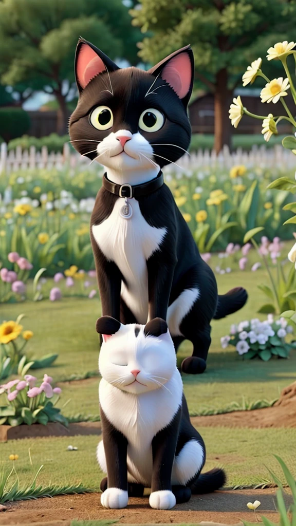 The black and white cat pawing at weeds and looking around for ways to start improving the garden.