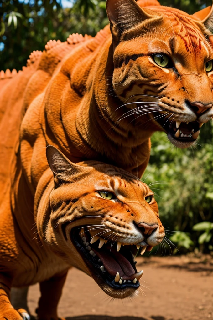 Gato naranja con cola roja peleando con un dinosaurio que tiene 2 dientes en el ojo