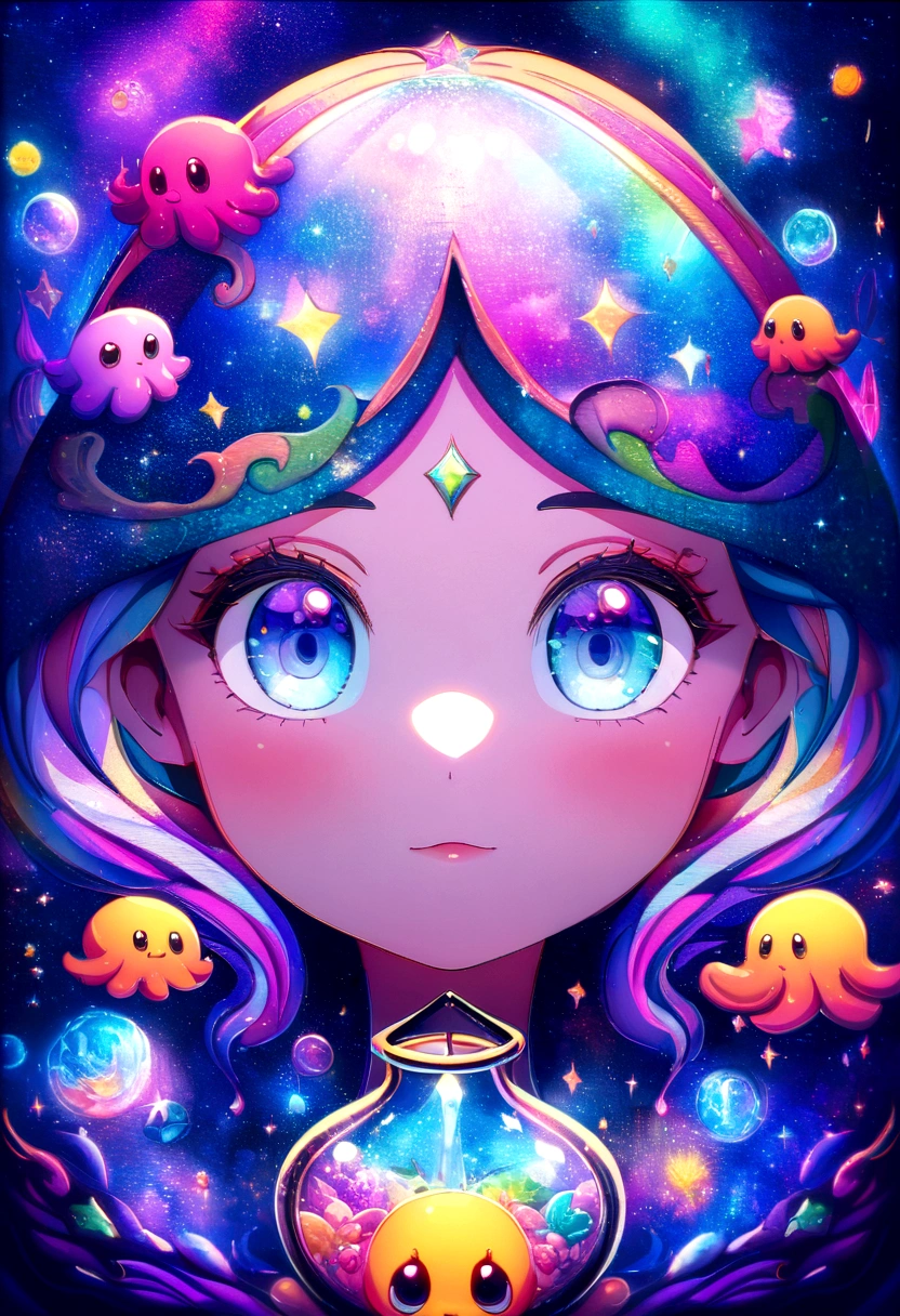 galaxy environment, whimsical, A little octopus in a magic bottle of unfeasible dream, 8K, Vivid, ultra details | | | | | | |, colorful lighting, surreal photography, portrait