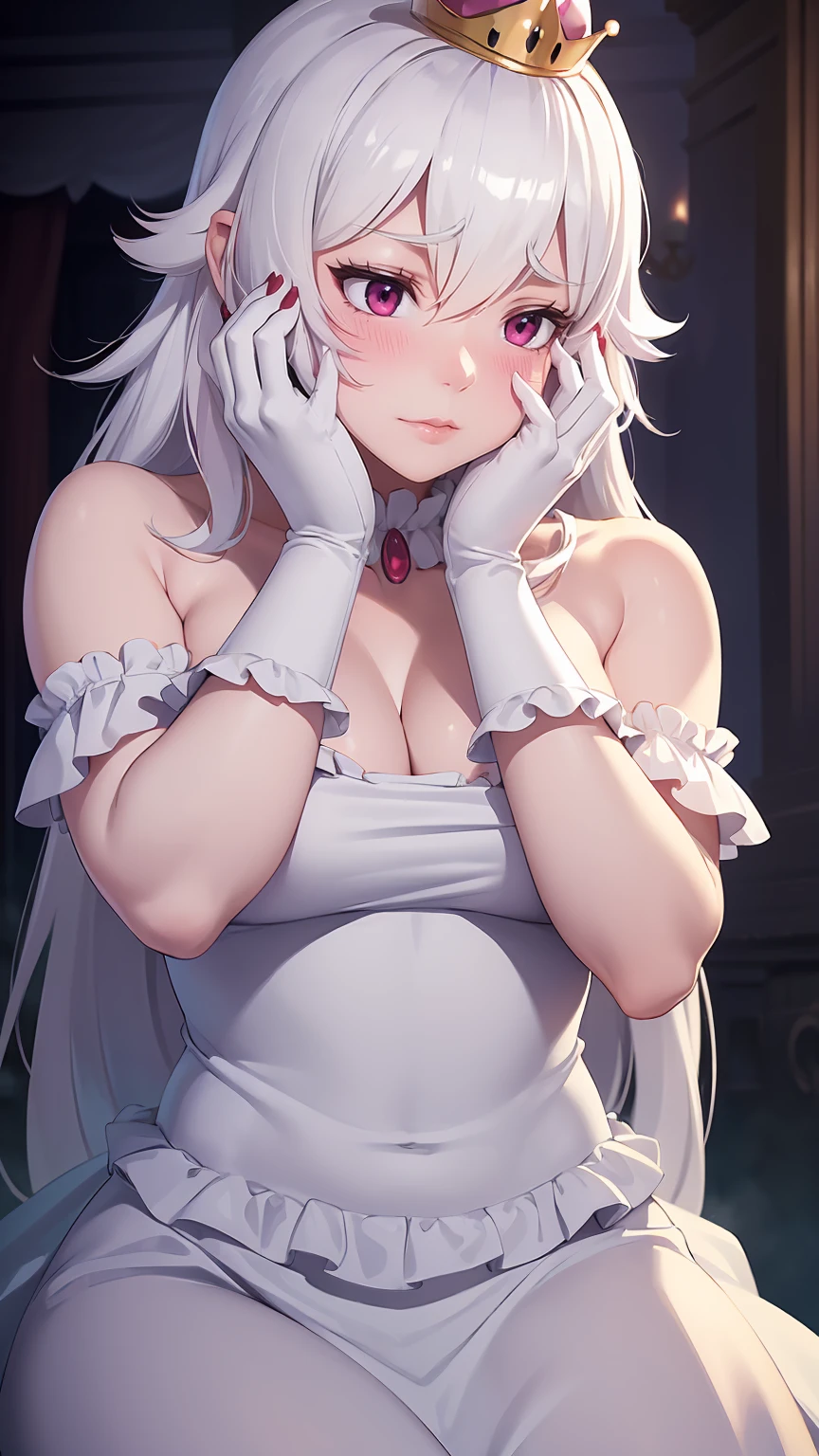 ((masterpiece)), ((best quality)), (detailed), perfect, solo, boosette, gorgeous girl, luscious lips, white hair, (((very shy))), (((blushing))), (((hands on face))), in a haunted mansion, (((covering eyes))), (((off shoulders)))