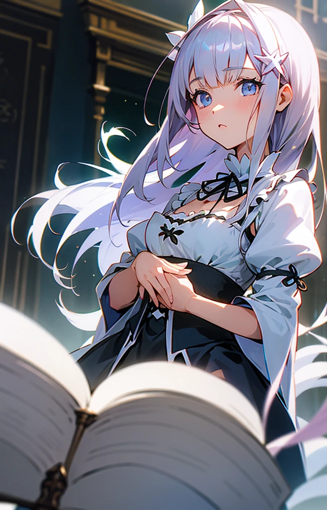 emilia de re:zero, sentada na biblioteca, cabelo branco longo, ornamento de cabelo, olhos roxos