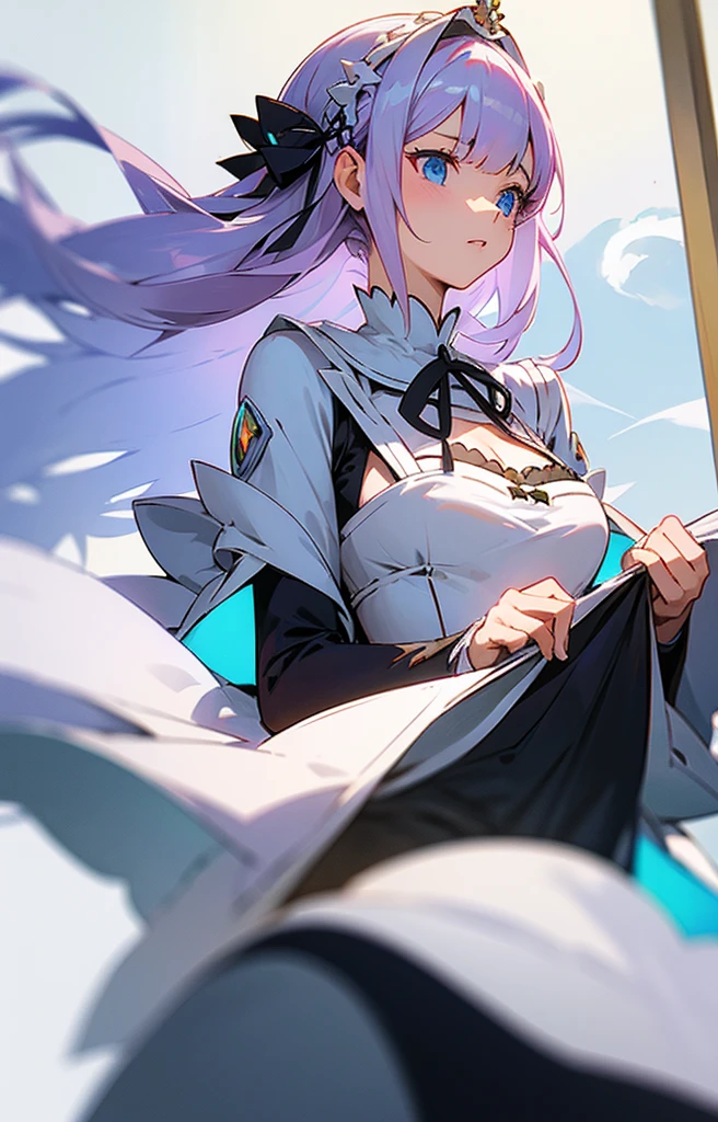 emilia de re:zero, sentada na biblioteca, cabelo branco longo, ornamento de cabelo, olhos roxos