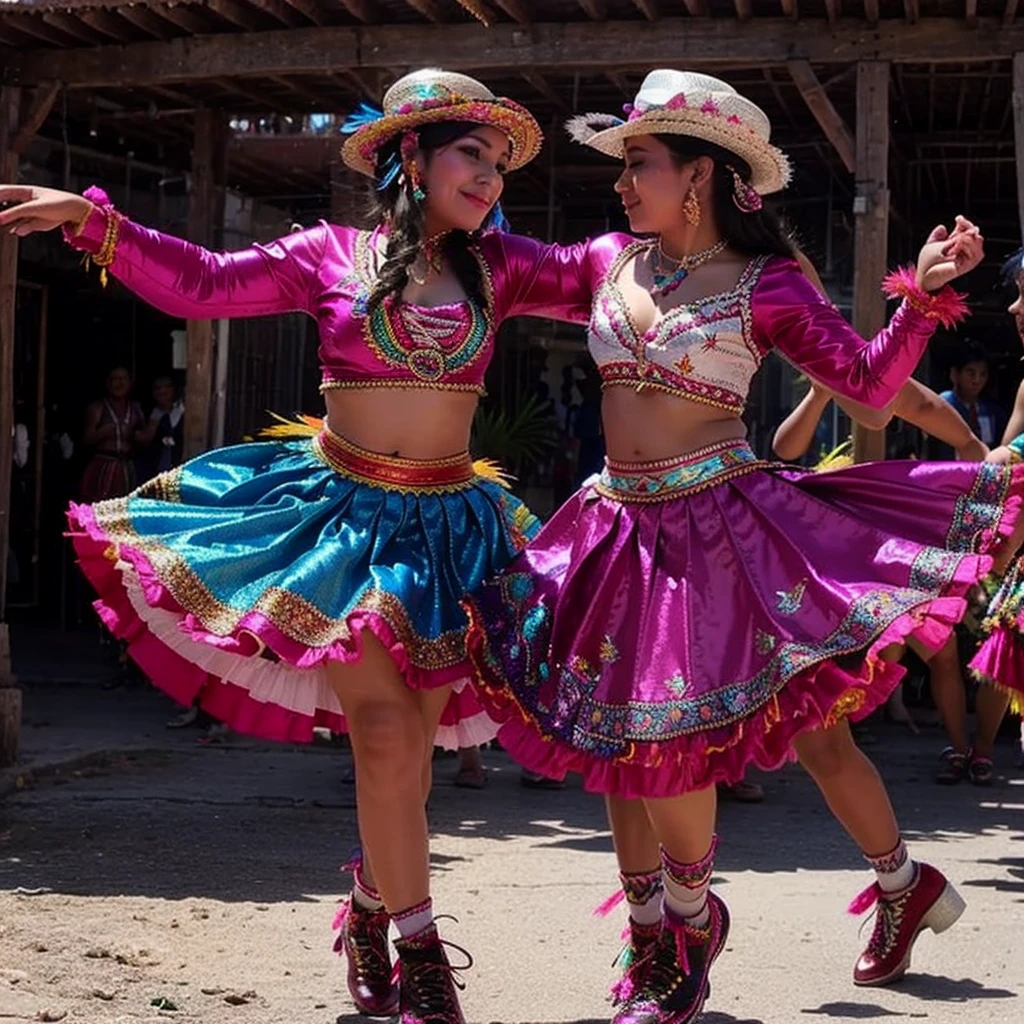 Morenada, cultural dance.Beautiful women dancing Morenada, traditional dance, pretty women wearing Morenada clothing, including hats decorated with colorful feathers, jackets and pants decorated with embroidery and sequins, ruffled skirts and petticoats, and patent leather shoes.