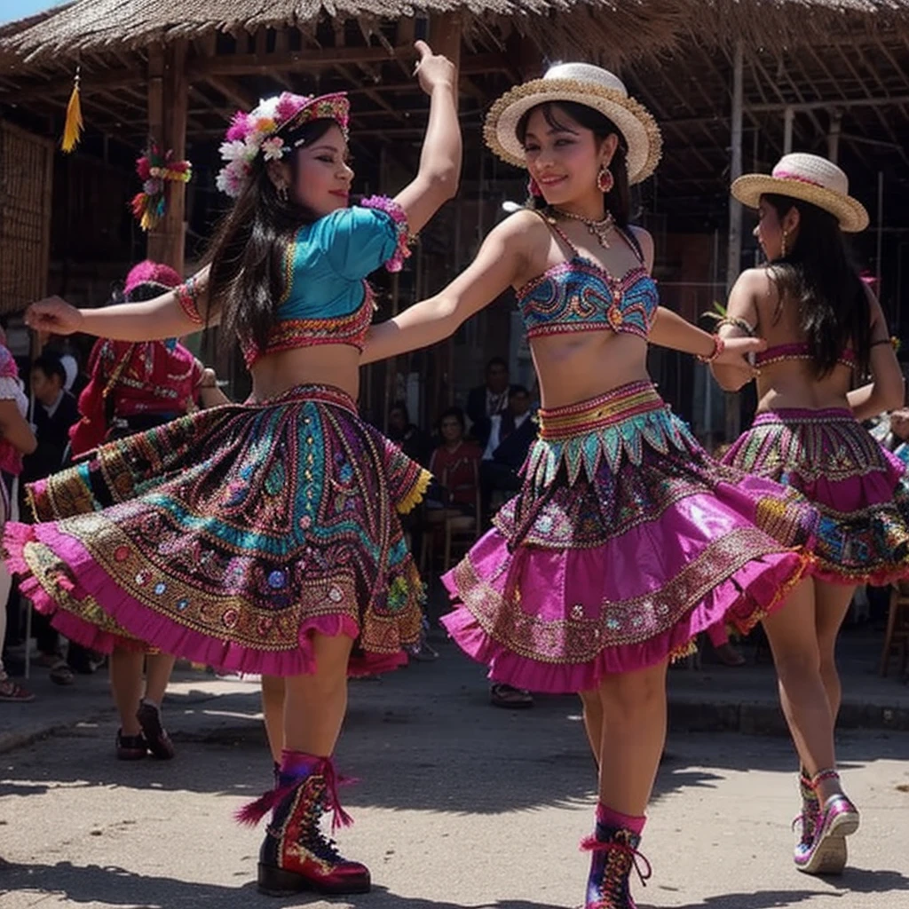 Morenada, cultural dance.Beautiful women dancing Morenada, traditional dance, pretty women wearing Morenada clothing, including hats decorated with colorful feathers, jackets and pants decorated with embroidery and sequins, ruffled skirts and petticoats, and patent leather shoes.