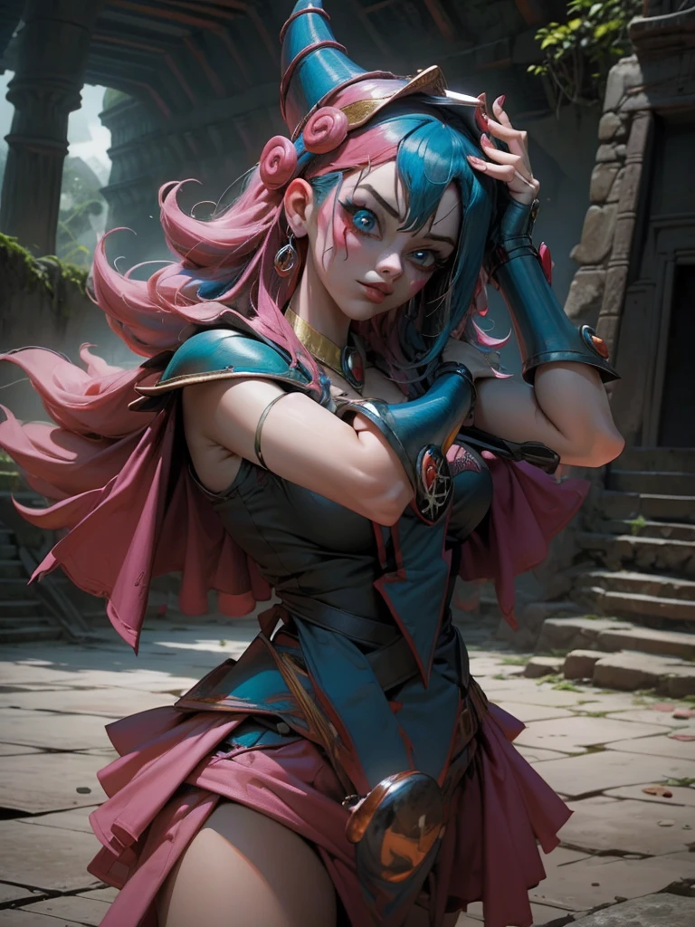 Hermosa y sensual dark magician gils vestida como Harley Quinn. pelo rojo y azul. Labios rojos. Ojos azules. Fondo de ruinas MAYAS De TIKAL. en medio de la selva . Ruina maya de Tikal. Pose amistosa. Ella se esta tomando una selfies. Posa para selfies