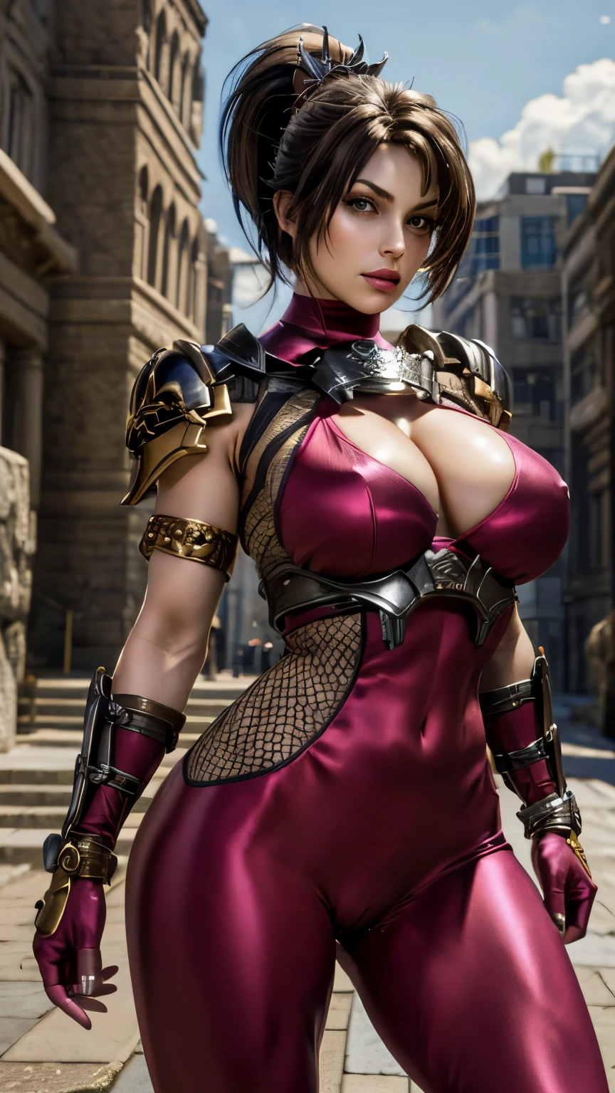 photo of a Kunoichi,1girl,mature,tall woman,wide hip,toned body,wide hip,toned body,action pose,
(masterpiece:1.4), (best quality:1.4), (photorealistic:1.4),
taki_soulcalibur_aiwaifu,glowing,bodysuit,ponytail,ninja,gloves,(large breasts:1.4),armor,long hair,skin tight,brown eyes,weapon,sword,brown hair,fingerless gloves,fishnets,shoulder armor,elbow gloves,lips,bangs,holding,red bodysuit,hair ornament,arm guards,holding weapon,pauldrons,cameltoe,(huge breasts:1.4),sheath,shiny clothes,shiny,sleeveless,abs,turtleneck,high ponytail,impossible clothes,makeup,covered navel,
red fishnet bodysuit, fishnets, fingerless gloves, arm guards, shoulder armor, 